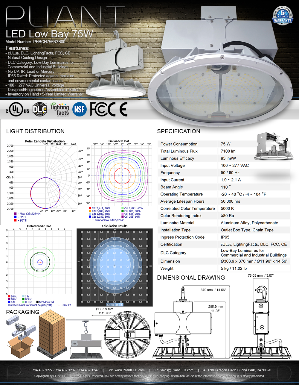 PLIANT EcoNuri LED Low Bay 75W, BL075, PHBCH755N3B00