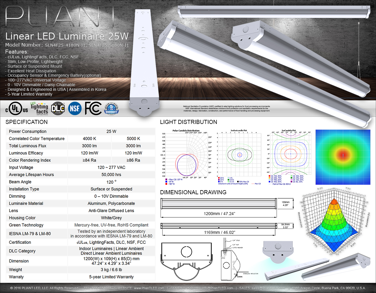 PLIANT Linear LED Luminaire 25W, SLN4F25-4180N, BLN4F36-5080N