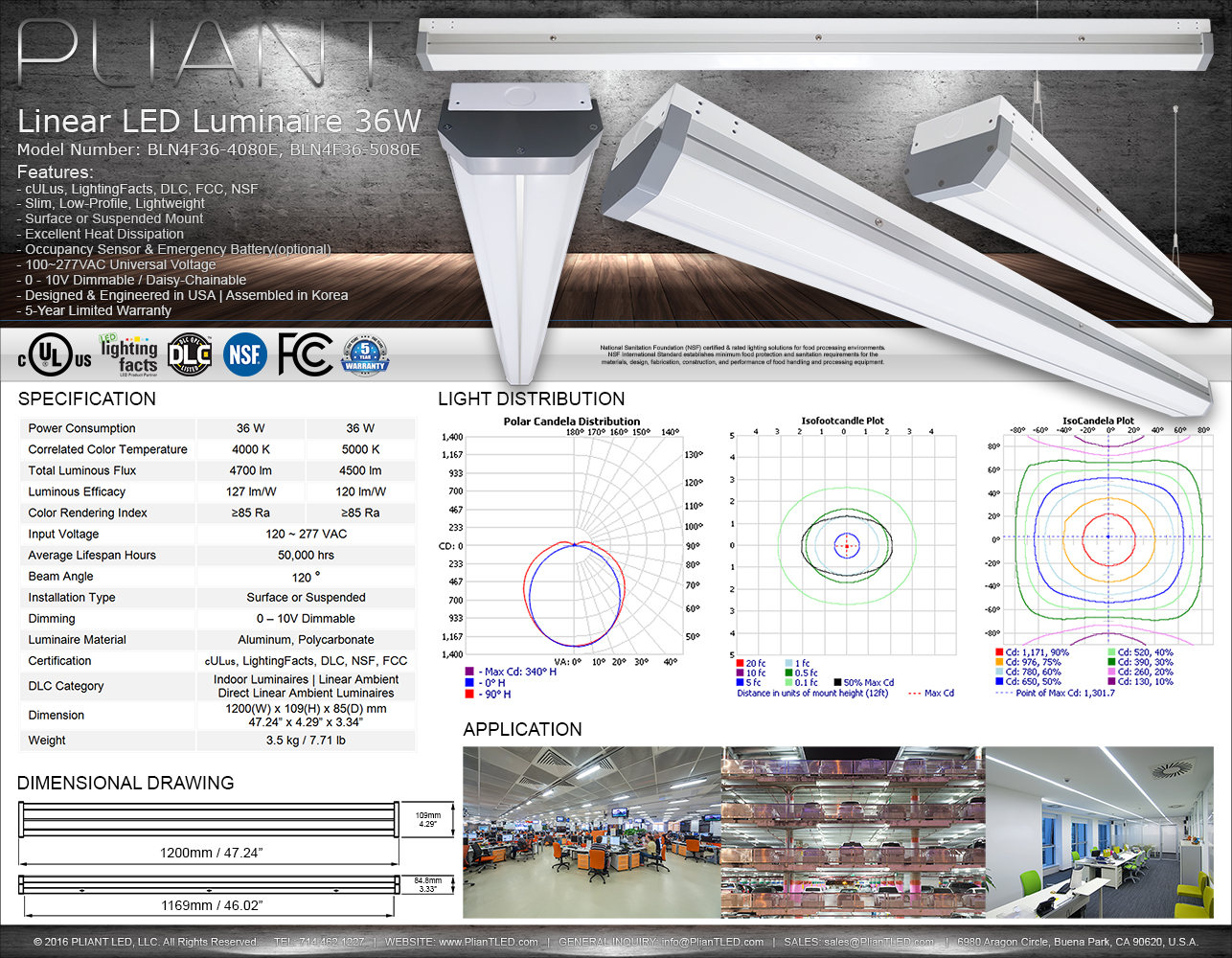 PLIANT Linear LED Luminaire 36W, BLN4F36-4080E, BLN4F36-5080E